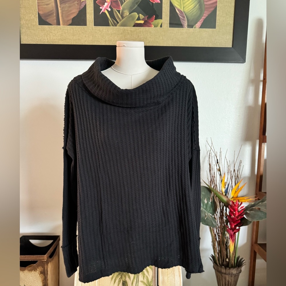 Free People Women's NWT Black Thermal Long Sleeve Cowl Neck Oversized XS $88